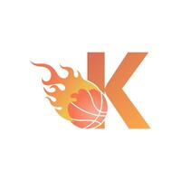 letra k con pelota de baloncesto en llamas ilustración vector
