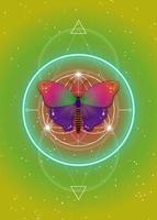 mariposa sobre mandala, geometría sagrada, símbolo de logotipo de armonía y equilibrio, neón psicodélico brillante. ornamento geométrico colorido, relajación de yoga, espiritualidad, fondo degradado amarillo vectorial vector