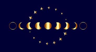 marco de borde dorado de fases lunares, signo de banner wicca. símbolo de la diosa wiccan pagana de triple luna, geometría sagrada, rueda del año y estrellas doradas, vector aislado en fondo azul