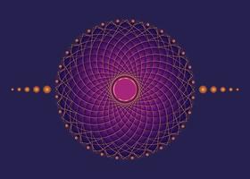 Sacred Geometry Mandala, pink flower gold meditative circle icon, geometric logo design, mystical religious wheel, Indian chakra concept, vector illustration isolated on purple background