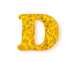 Letter D logo. Yellow color spring flower capital letter D, design element alphabet, daisies texture, vector illustration isolated on white background