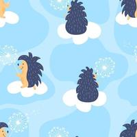 Seamless kids pattern with hedgehog and flying dandelion on sky clouds. Vectir children background. Template of wallpaper, fabric textile print, wrapping paper. vector