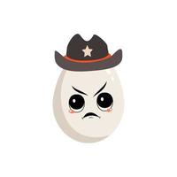 Cute egg character with angry emotions, grumpy face, furious eyes. Festive decoration for Easter. Mischievous culinary hero with sheriff hat. Vector flat illustration