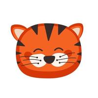 Head of cute tiger in childish style with smile muzzle and eyes. Funny wild animal with happy face. Vector flat illustration for holidays