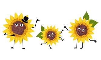Family of sunflower character with happy emotions, smile face, happy eyes, arms and legs. Mom is happy, dad is wearing hat and child with dancing pose. Vector flat illustration