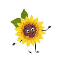 Sunflower character with happy emotion, joyful face, smile eyes, arms and legs. Plant person with funny expression, yellow sun flower emoticon. Vector flat illustration