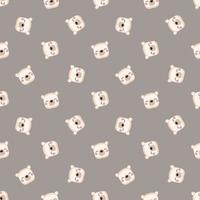 Seamless pattern with head of cute polar bear in childish style with smile muzzle and eyes. Funny print of white animal with happy face on brown background. Vector flat illustration for holidays