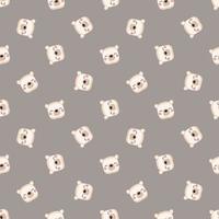 Seamless pattern with head of cute polar bear in childish style with smile muzzle and eyes. Funny print of white animal with happy face on brown background. Vector flat illustration for holidays