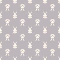 Seamless pattern with cute hare in childish style with smile muzzle and eyes. Funny print of rabbit with happy face. Vector flat illustration for holidays