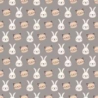 Cute seamless print with Head of rabbit and cat with smile muzzle and eyes. Print of funny hare and kitty with happy face. Vector flat illustration for holidays, children decoration