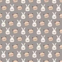 Cute seamless print with Head of rabbit and cat with smile muzzle and eyes. Print of funny hare and kitty with happy face. Vector flat illustration for holidays, children decoration