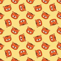 Seamless pattern with cute tiger in childish style with smile muzzle and eyes on yellow background. Funny print of wild animal with happy face. Vector flat illustration for holidays