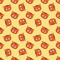 Seamless pattern with cute tiger in childish style with smile muzzle and eyes on yellow background. Funny print of wild animal with happy face. Vector flat illustration for holidays