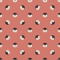 Seamless pattern with cute penguin in childish style with smile face and eyes on red background. Print of funny winter bird with happy face. Vector flat illustration for holidays