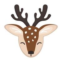 Head of cute deer in childish style with smile muzzle, horns and eyes. Funny wild animal with happy face. Vector flat illustration for holidays