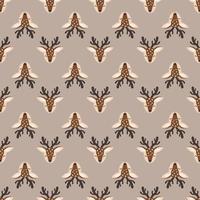 Seamless pattern with cute deer in childish style with smile muzzle, horns and eyes on background. Print of funny wild animal with happy face. Vector flat illustration for holidays