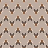 Seamless pattern with cute deer in childish style with smile muzzle, horns and eyes on background. Print of funny wild animal with happy face. Vector flat illustration for holidays