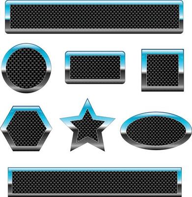 3D vector metal badges with dark black geometric grid carbon fiber texture background.