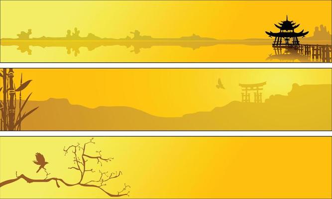 Asian summer illustration banners in tripanel frame.