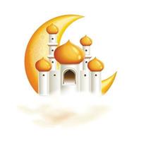 Isolated 3D mosque and moon behind the clouds vector illustration for Islamic graphic design.