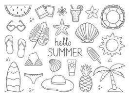 Set of summer doodle.  Summer beach elements in sketch style. Hand drawn vector illustration isolated on white background.