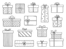 Set of gift box doodle.  Presents boxes with bows and ribbons in sketch style. Hand drawn vector illustration isolated on white background.