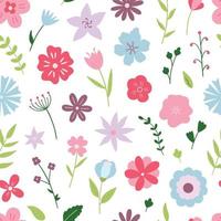 Hand drawn seamless pattern of flowers and branches. Floral and herbal elements in cartoon style. Vector illustration.