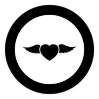 Heart with wing icon in circle round black color vector illustration image solid outline style