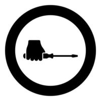 Screwdriver in hand icon in circle round black color vector illustration image solid outline style