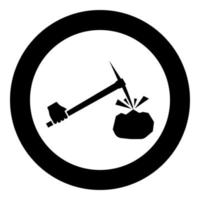 Pickaxe mining beats stones flying Holding in hand icon in circle round black color vector illustration image solid outline style