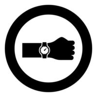 Wristwatch on hand Time on watch hand icon in circle round black color vector illustration image solid outline style