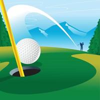 Illustration of a golfer putting a golf ball into a hole with hills and mountains in the background.