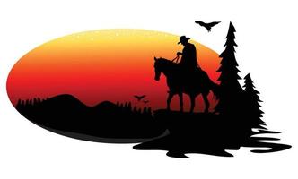 hombre con silueta de puesta de sol de caballo en una colina, abetos y pájaros. vector