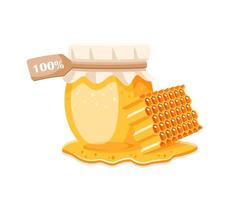 Glass pot with honey, honeycomb with drips honey vector