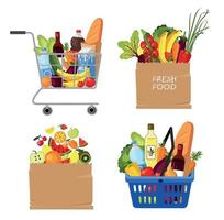 Shopping cart, food baskets. Sets for grocery shopping. vector
