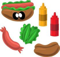 Ingredients for making tasty, big, fast hot dog vector