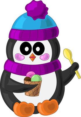 Penguin with ice cream in cartoon style