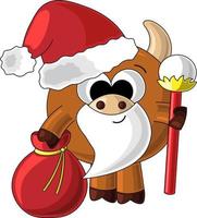 Cute cartoon bull Santa Claus with bag vector