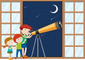 los niños observan el cielo nocturno con telescopio vector