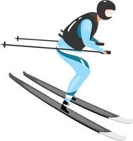 Athletic man with skis riding through snow semi flat color vector character