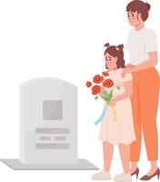 Mother and girl on grave semi flat color vector characters