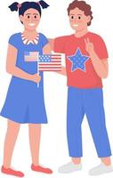 Happy kids with American flag semi flat color vector characters
