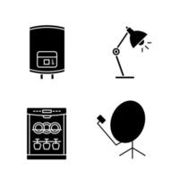 Household appliance glyph icons set. Electric water heater, table lamp, dishwasher, satellite dish. Silhouette symbols. Vector isolated illustration