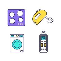 Household appliance color icons set. Electric induction hob, handheld mixer, washing machine, air conditioner remote control. Isolated vector illustrations