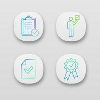 Approve app icons set. Verification and validation. Task planning, voter, document verification, award medal. UI UX user interface. Web or mobile applications. Vector isolated illustrations