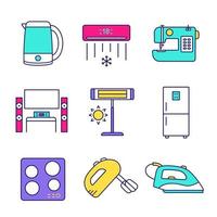 Household appliance color icons set. Electric kettle, air conditioner, sewing machine, home theater, infrared heater, fridge, cooktop, handheld mixer, steam iron. Isolated vector illustrations