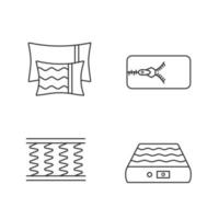 conjunto de iconos lineales de colchón ortopédico. almohadas, funda removible, colchones de resortes y de aire. símbolos de contorno de línea delgada. ilustraciones aisladas de contorno vectorial. trazo editable vector