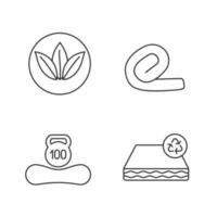 Orthopedic mattress linear icons set. Ecological, recyclable and reusable property, weight limit, springless roll up mattress. Thin line symbols. Isolated vector outline illustrations. Editable stroke