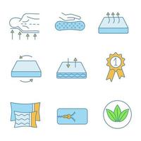 Mattress color icons set. Orthopedic, latex, breathable, dual season, ecological mattress with removable cover, pillows and award medal. Isolated vector illustrations
