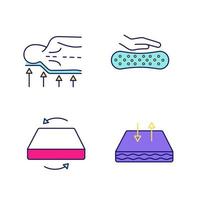 Orthopedic mattress color icons set. Back support, latex material, dual season mattress, breathable cover. Isolated vector illustrations